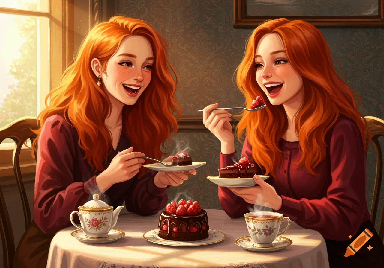 Two smiling ginger women in an illustrated style, sitting at a table eating cake and drinking tea.