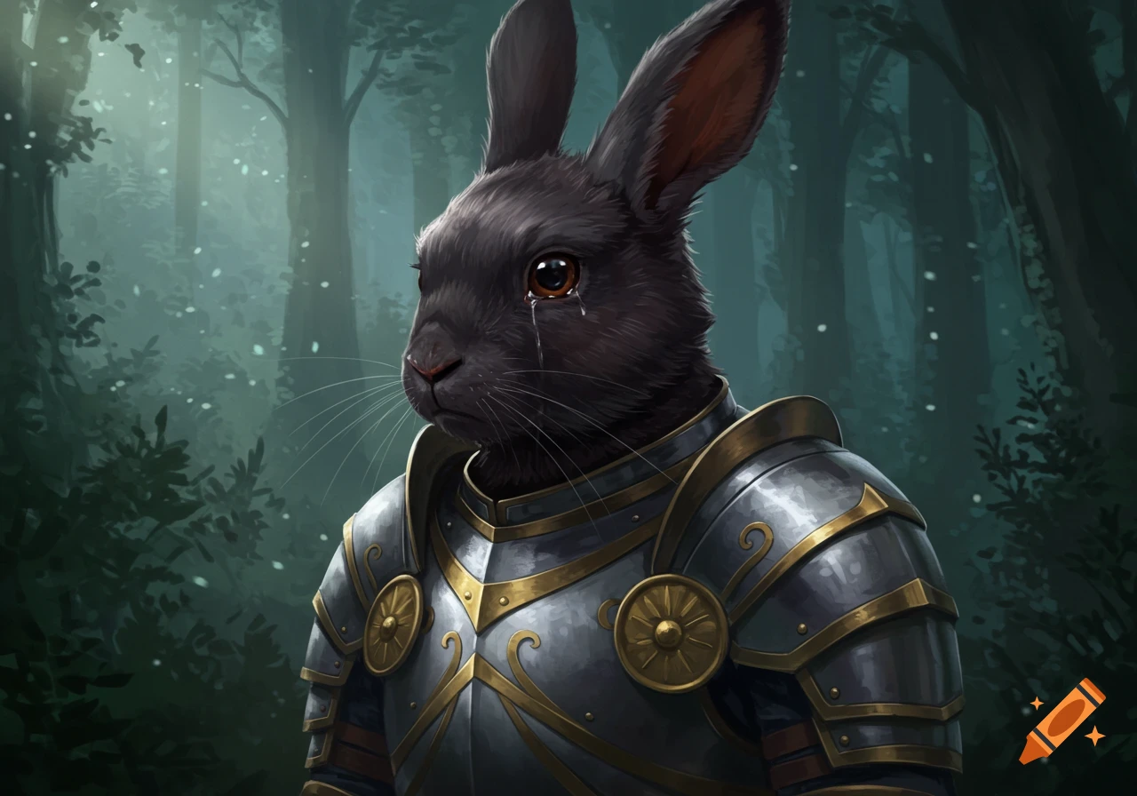 A sad, dark-furred rabbit in gleaming paladin armor stands in a misty forest, a tear rolling down its cheek.