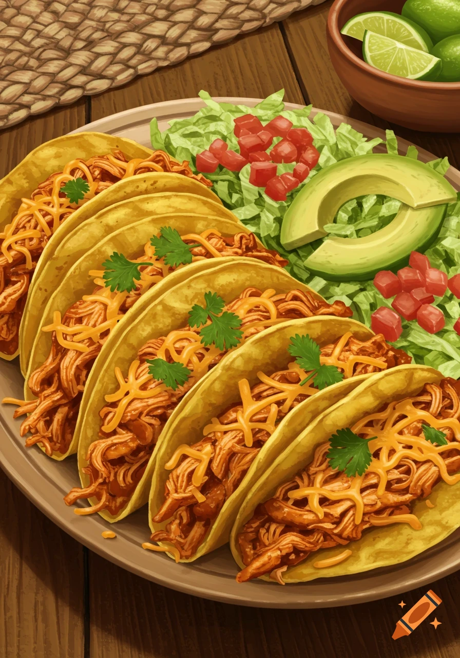 Close-up digital painting of cheesy chicken tacos with lettuce, tomatoes, avocado, and limes on a wooden table.