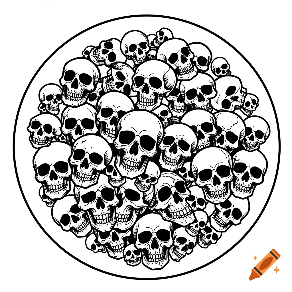 A high-contrast, black and white illustration of numerous stylized skulls of varying sizes filling a circular frame, with some skulls overlapping.