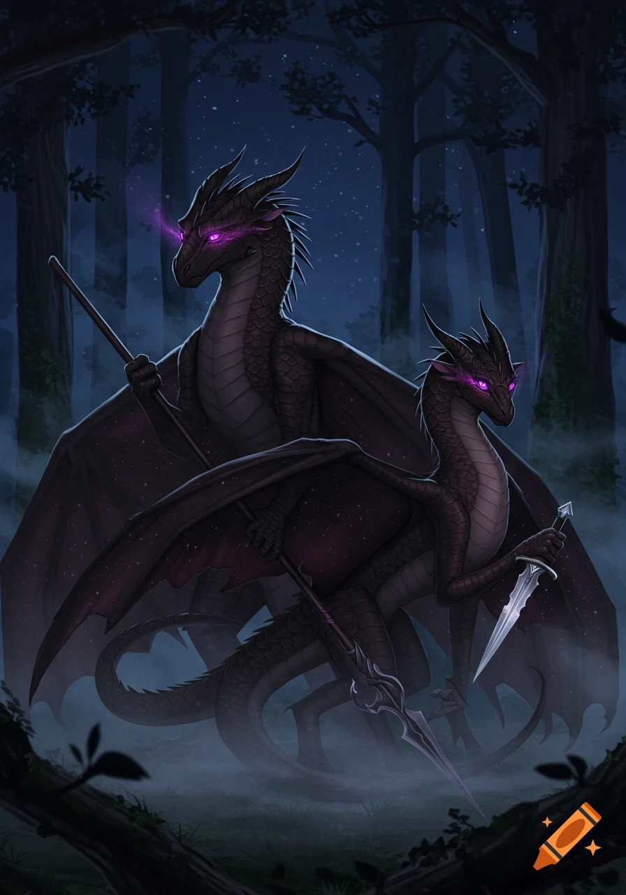 Two dark dragons with glowing purple eyes, one holding a spear and the other a dagger, stand in a foggy, dark forest.