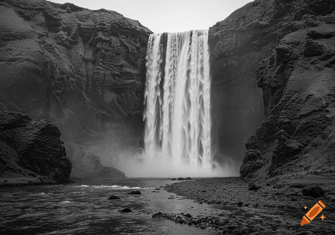 A photorealistic black and white image of a large waterfall cascading between dark, rocky cliffs into a river.