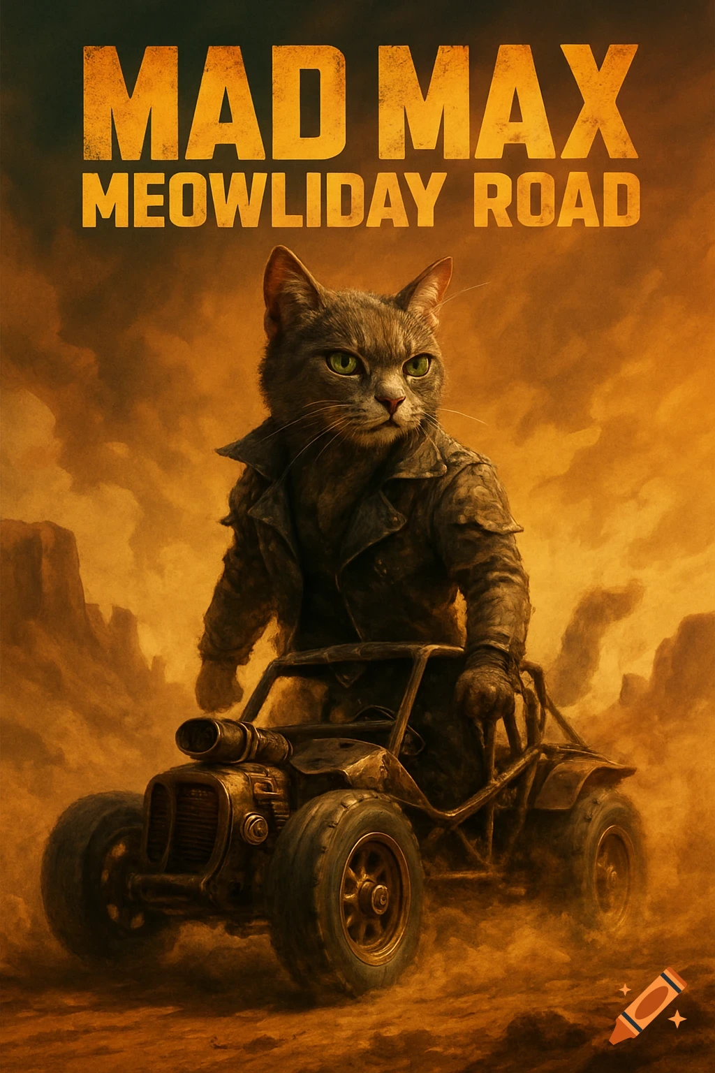 A movie poster for 'Mad Max Meowliday Road' features a serious-looking cat in a leather jacket riding a desert buggy, set against a dusty, orange post-apocalyptic landscape.