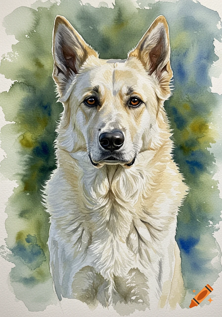 Watercolor portrait of a white and light tan Anatolian Shepherd dog against a green and blue background.