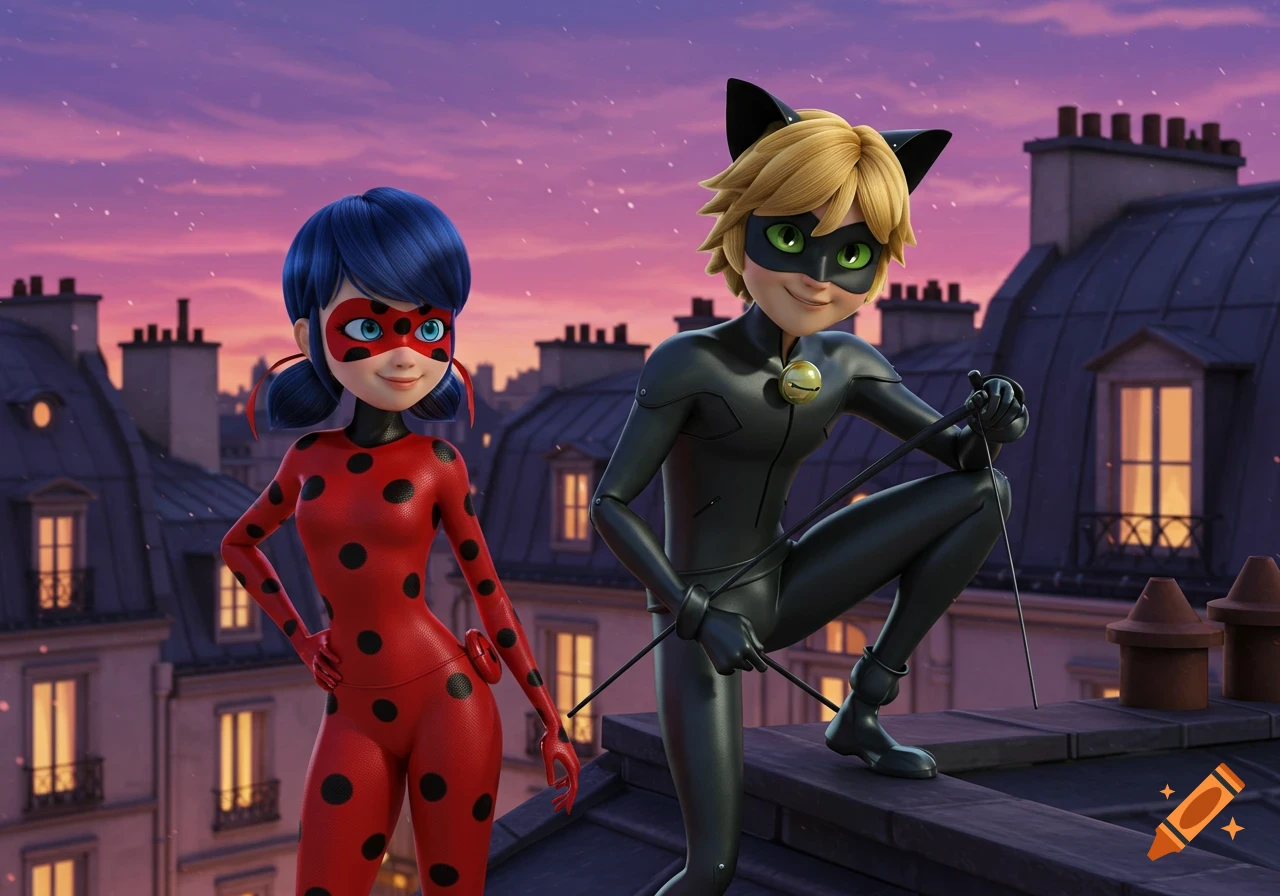 Ladybug and Cat Noir stand on a Parisian rooftop at sunset in Pixar style.