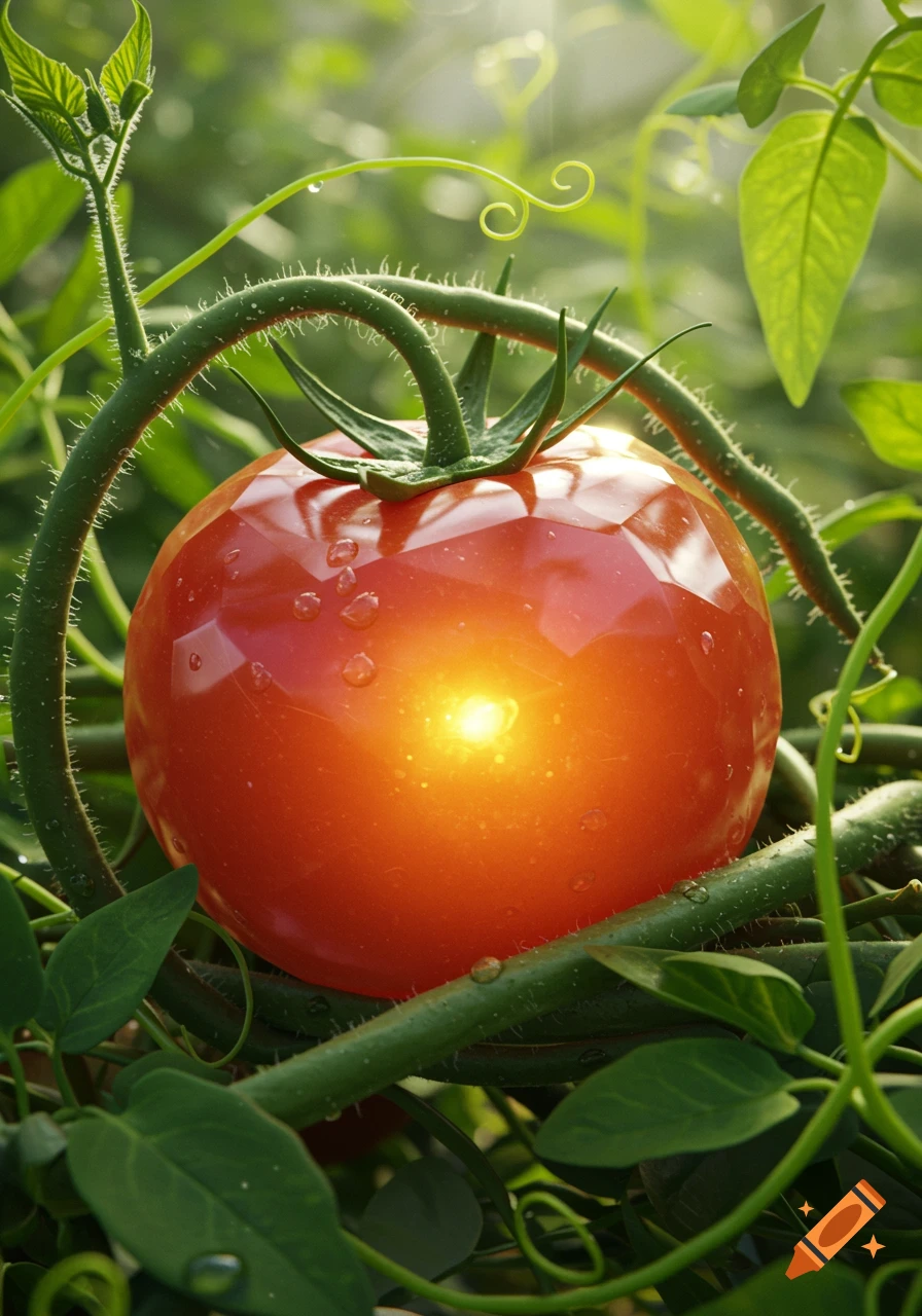 A close-up, photorealistic image of a red, faceted tomato glowing from within, surrounded by green vines and water droplets.
