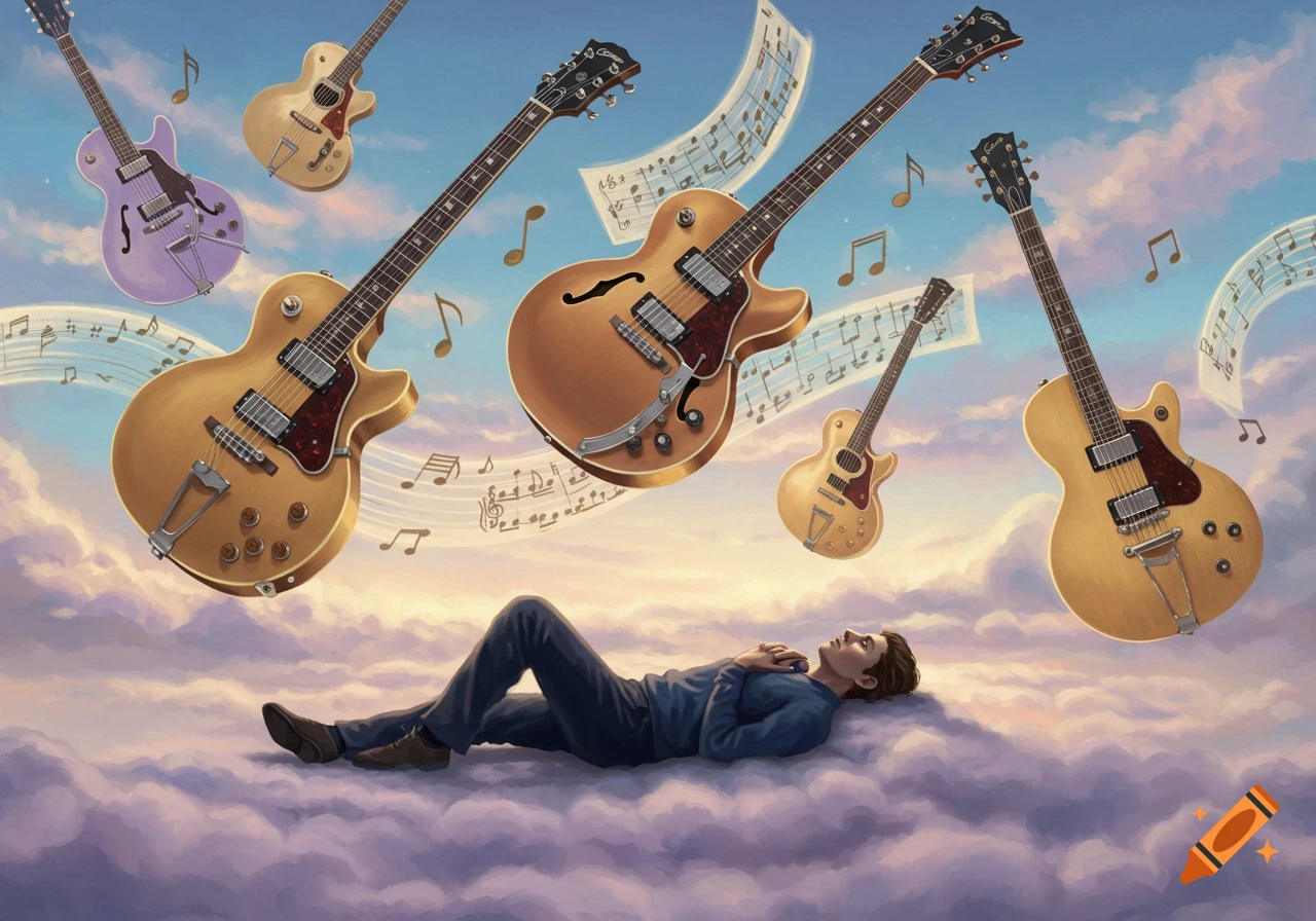 A man lies asleep on clouds as guitars and music notes float around him in a dreamlike sky.