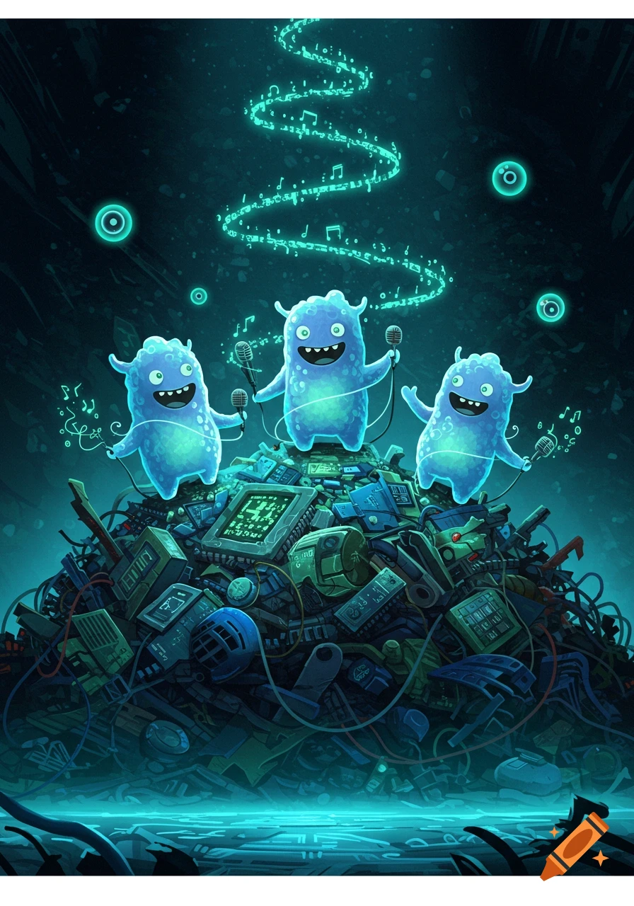 Three glowing blue cartoon monsters sing into microphones atop a pile of electronic junk, with green musical notes floating above them in a dark, abyss-like setting.