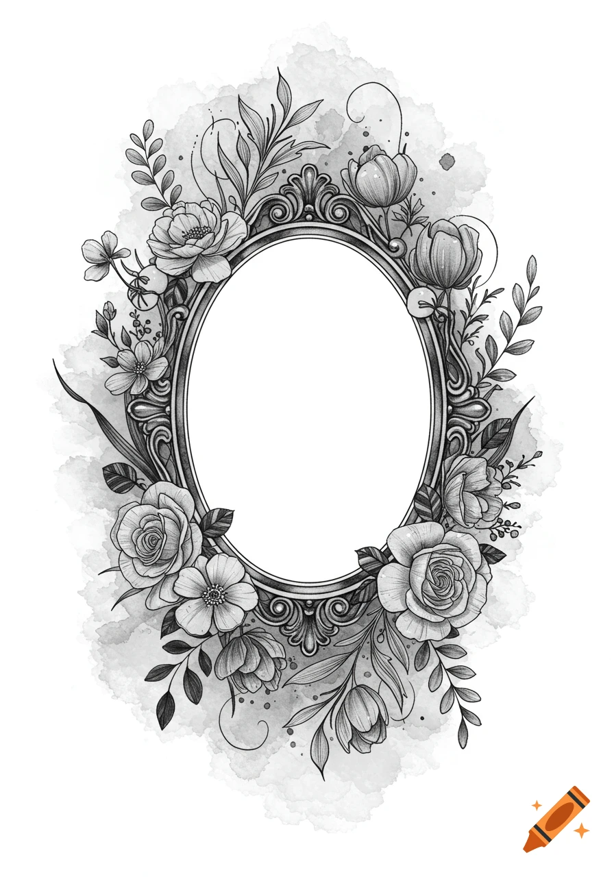 Black and white gothic oval frame surrounded by detailed roses, wildflowers, and swirling vines with a watercolor background.
