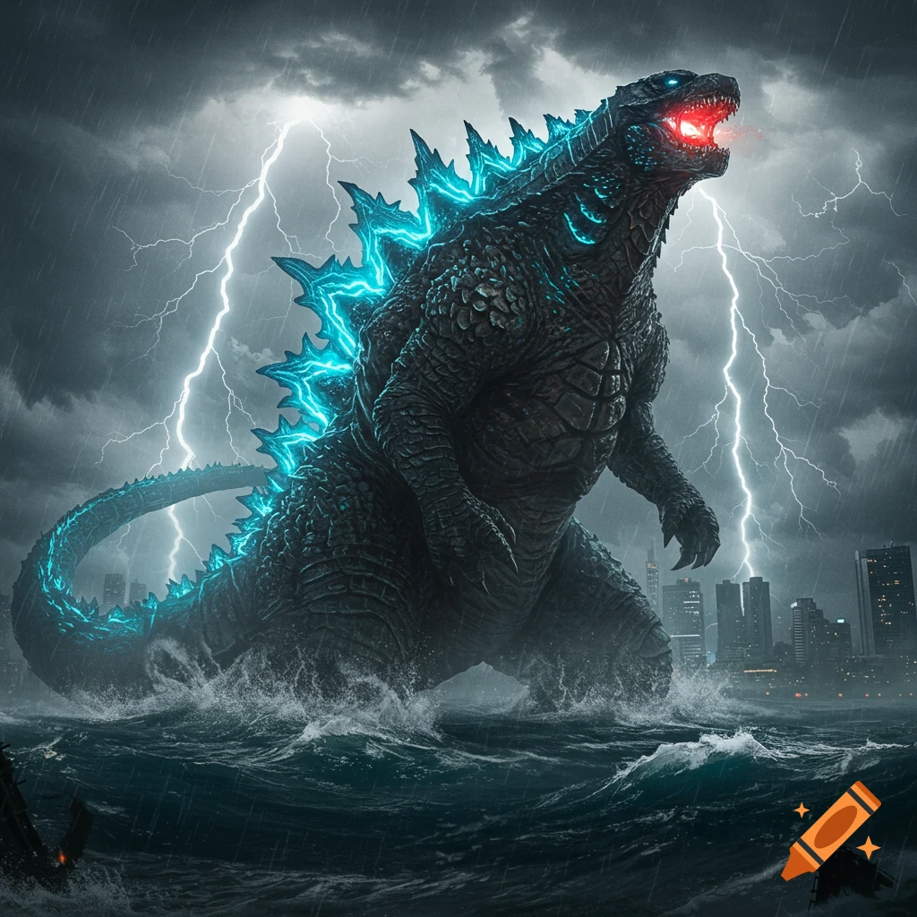 Godzilla rises from a stormy ocean with glowing blue spines, breathing red energy, against a lightning-filled sky and city skyline.