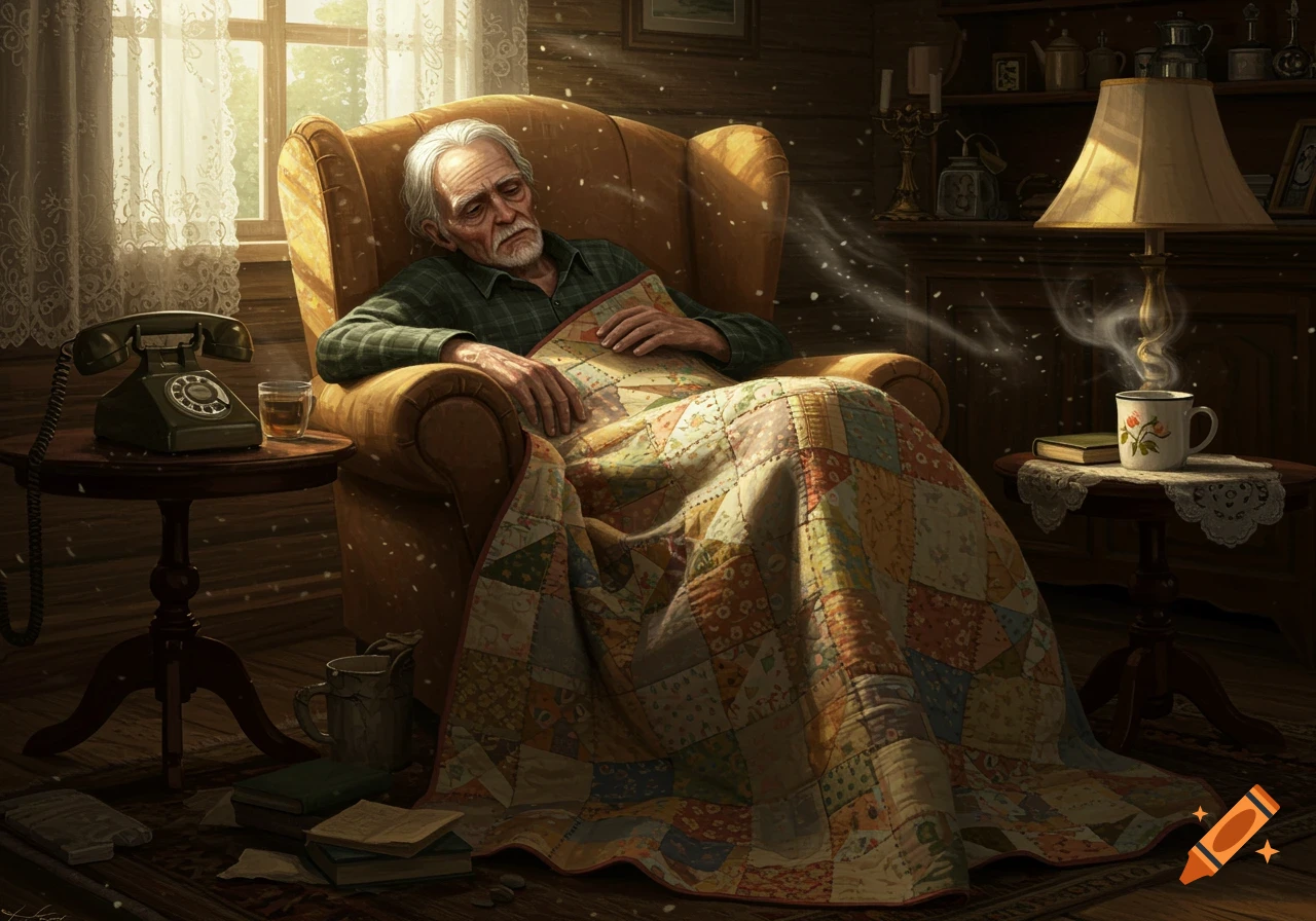 An old man, covered by a colorful quilt, naps in an armchair by a sunlit window, with a vintage phone and a steaming mug nearby.