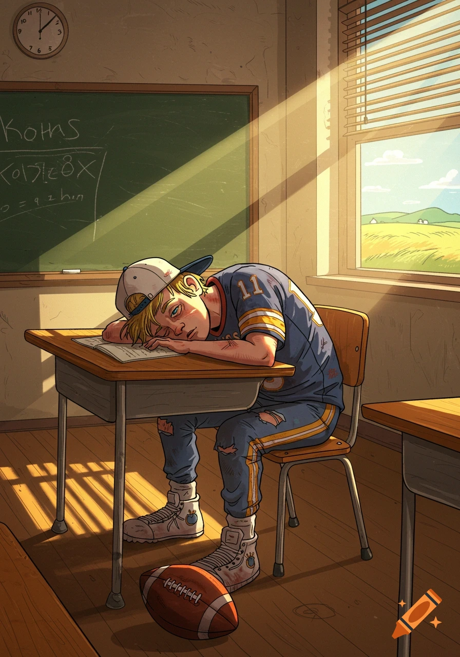 An illustration of a tired male student sleeping at a desk in a sunny classroom, with a football on the floor.