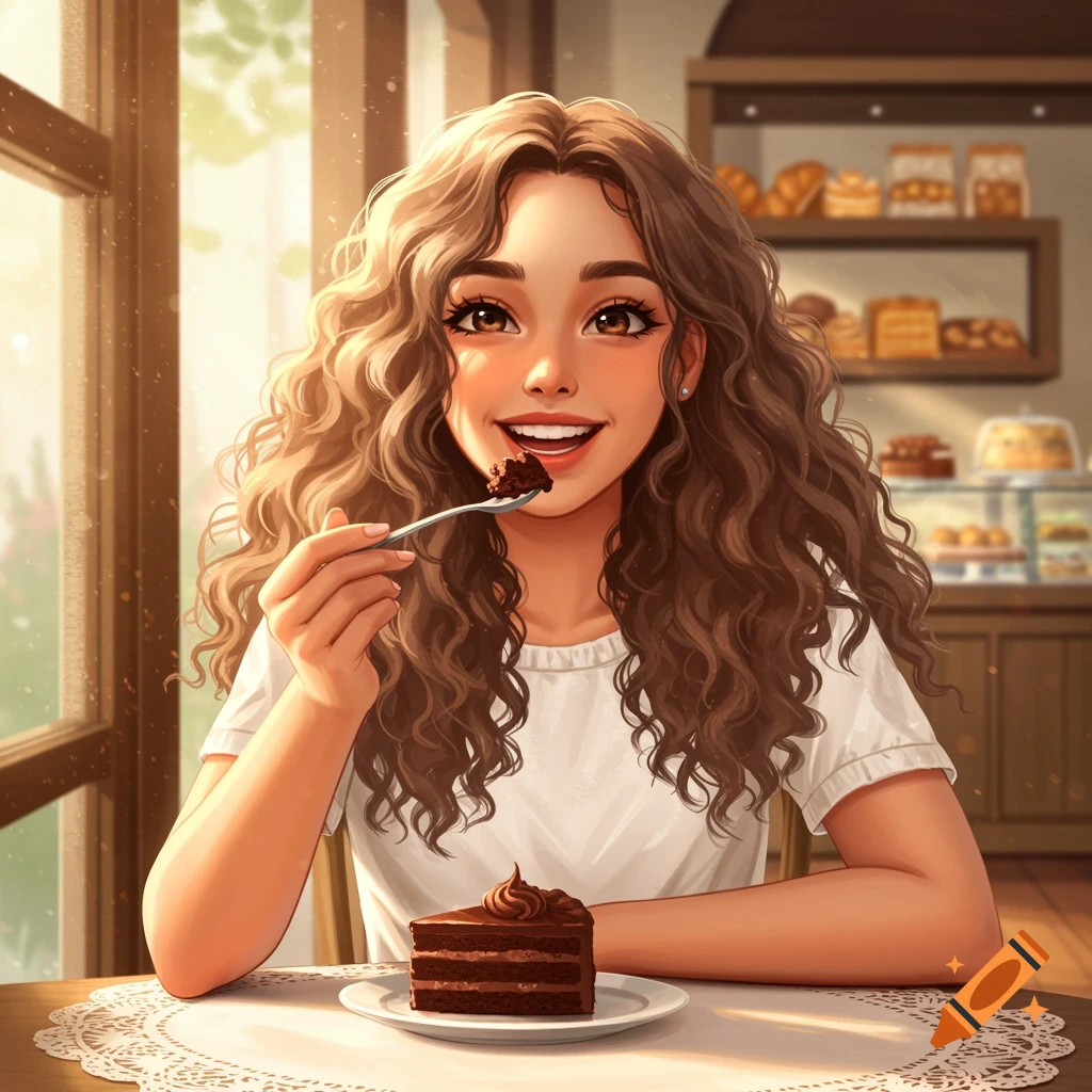 A smiling woman with long curly brown hair eats a slice of chocolate cake in a cafe.