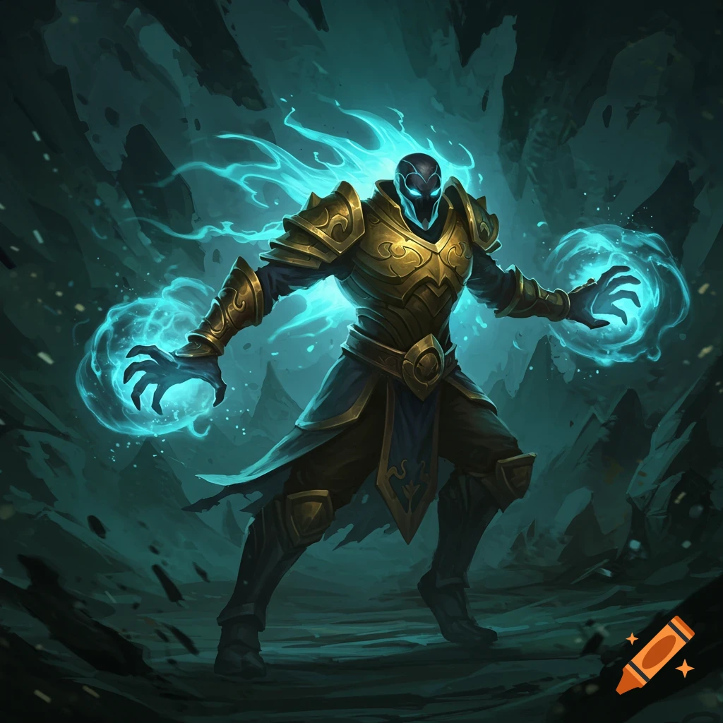 A powerful fantasy character in golden armor with a dark mask and glowing blue eyes, casting magic with teal energy swirling around their hands and head in a dark, rocky environment.
