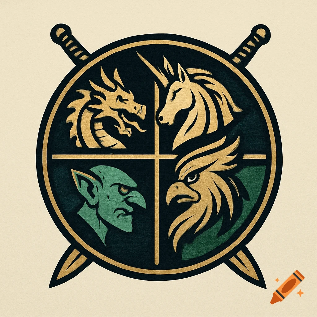 A circular logo with a dragon, unicorn, goblin, and griffon head in four quadrants, crossed by two swords, in gold, black, and green.