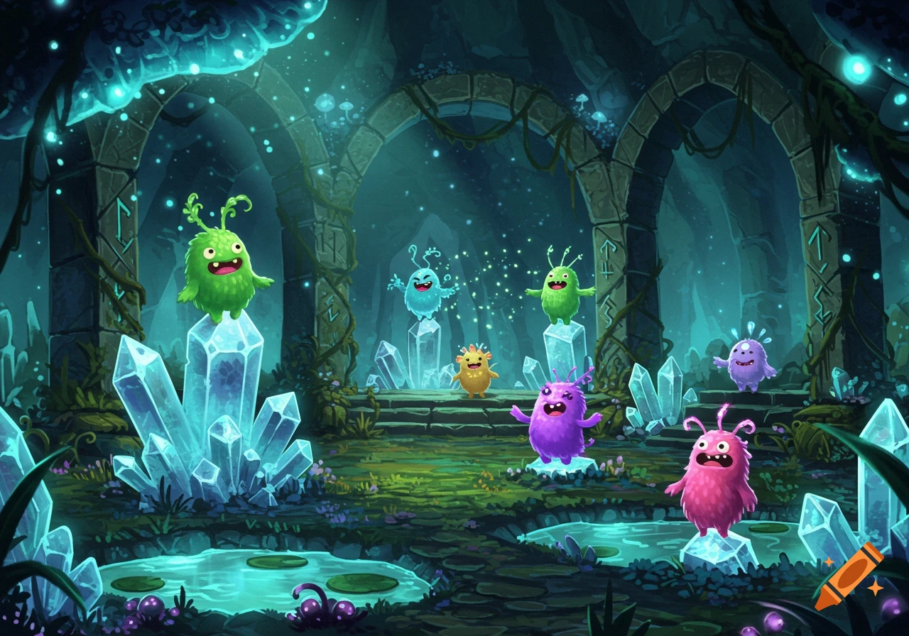 A vibrant illustration of numerous cute, colorful monsters standing on glowing blue crystals inside a mystical, dark cave with ancient stone arches.