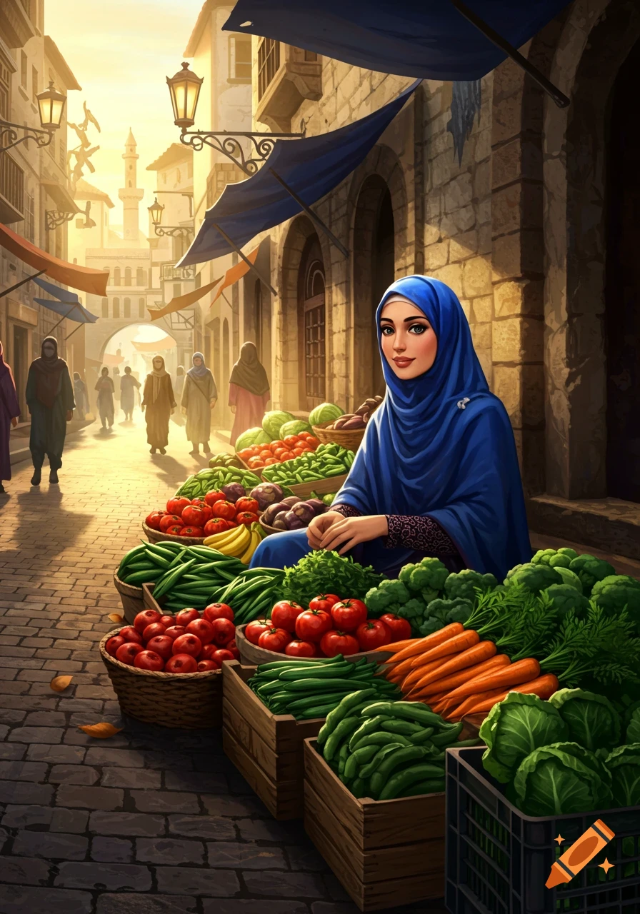 A Muslim woman in a blue hijab sits among baskets of fresh vegetables at a bustling street market in an old city.