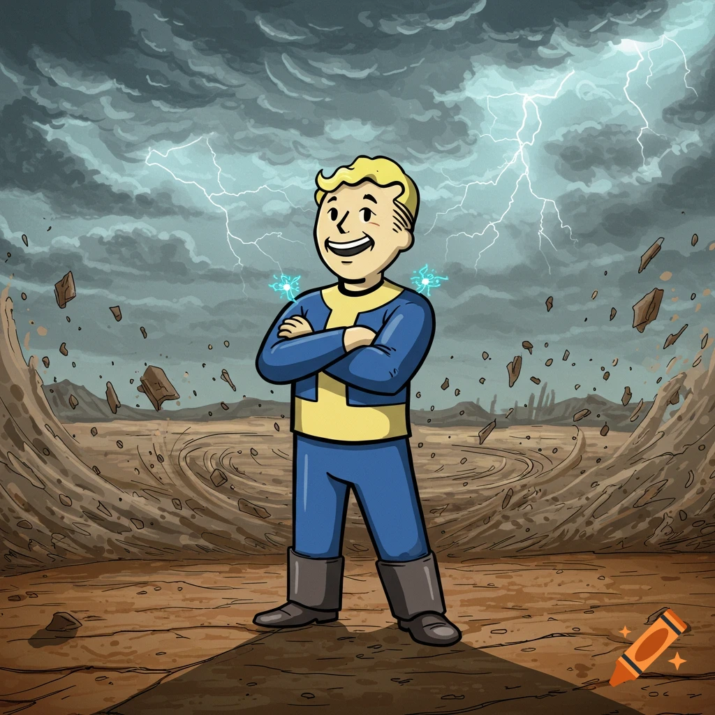 Vault Boy stands confidently with arms crossed in a stormy wasteland as lightning strikes and debris flies.