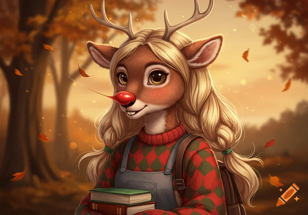 A cute humanoid reindeer character with blonde hair and a red nose, wearing a red and green patterned sweater and overalls, holding books in an autumn forest setting with falling leaves.