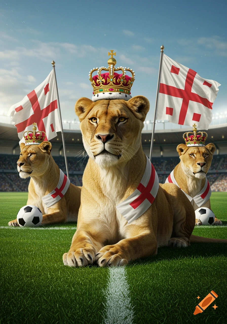 Photorealistic image of three lionesses wearing crowns and St. George's cross sashes on a soccer field, with soccer balls and a stadium.