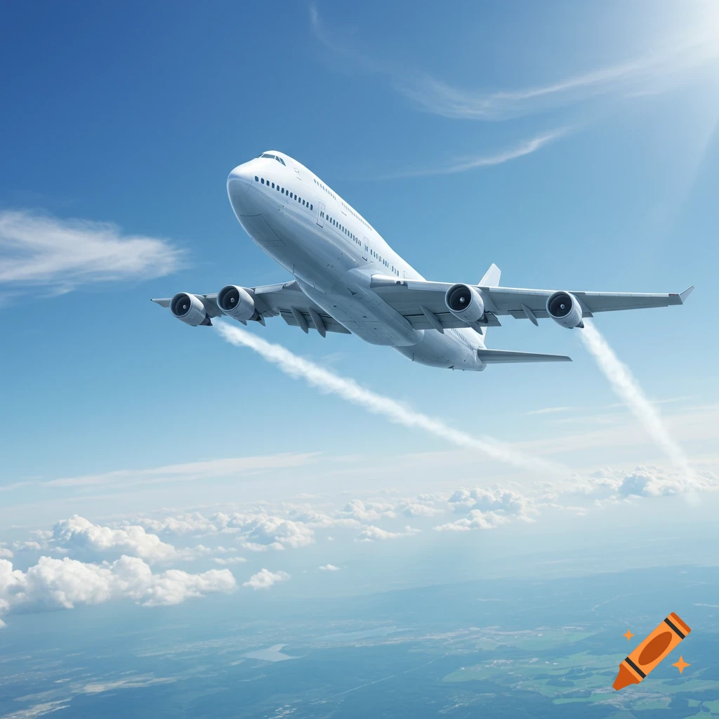 A white Boeing 747 airplane flying over clouds in a bright blue sky.