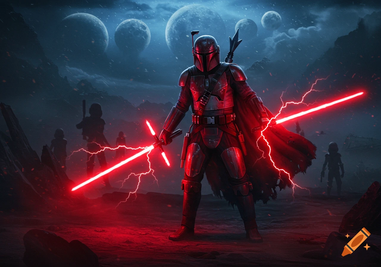 An armored bounty hunter with two red lightning lightsabers stands on a rocky alien planet under a sky with multiple moons.
