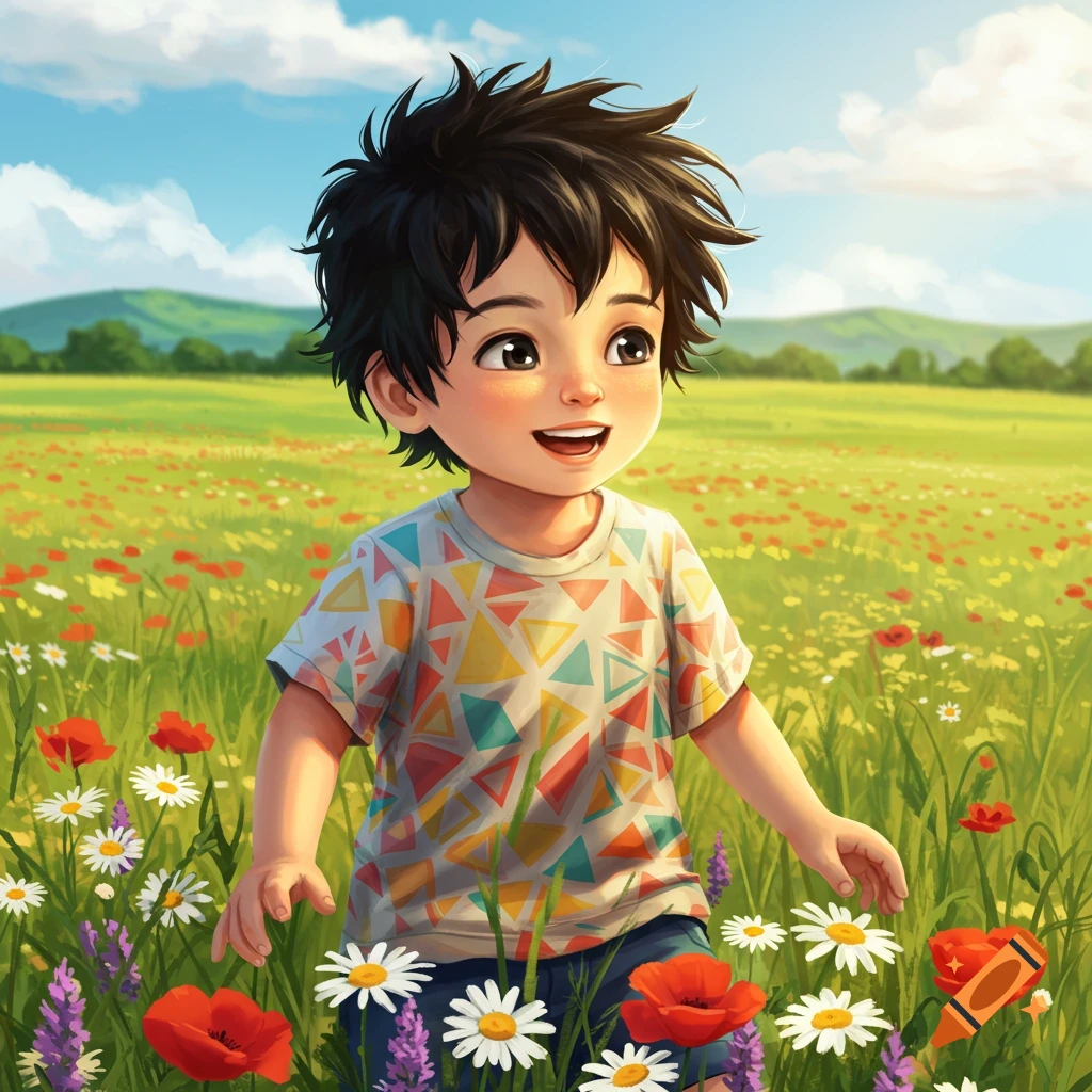 A cheerful illustrated young boy with spiky black hair stands in a vibrant, sunny meadow filled with colorful wildflowers.