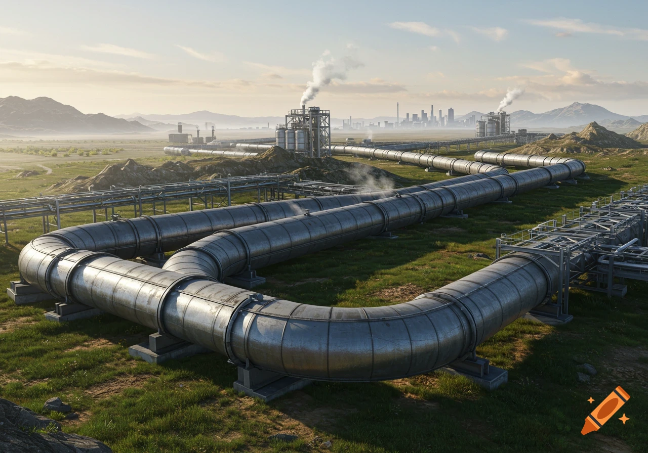 Large industrial pipelines wind through a green, hilly landscape, leading towards a factory and city skyline.