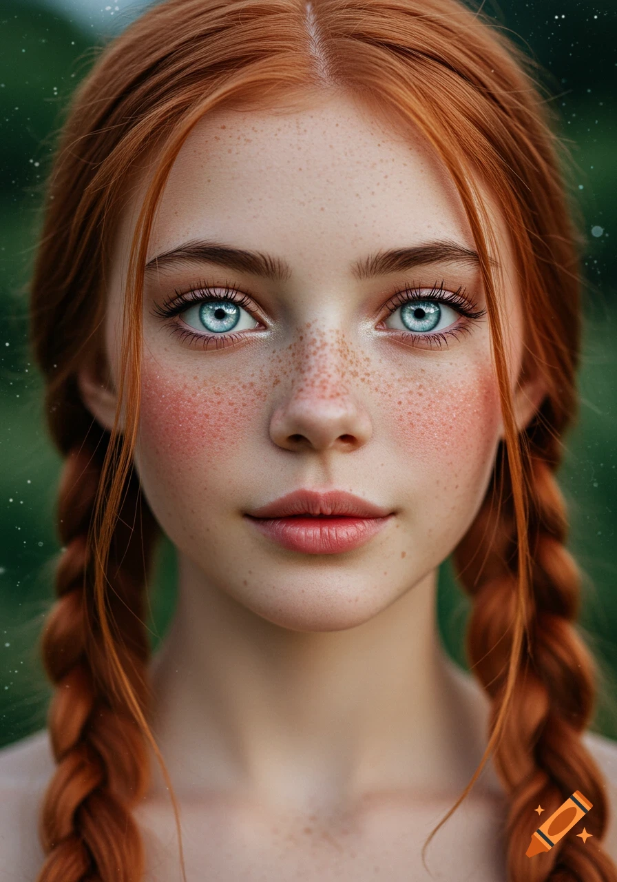Photorealistic close-up portrait of a young woman with long red braided hair, blue eyes, and freckles, against a blurred green background.