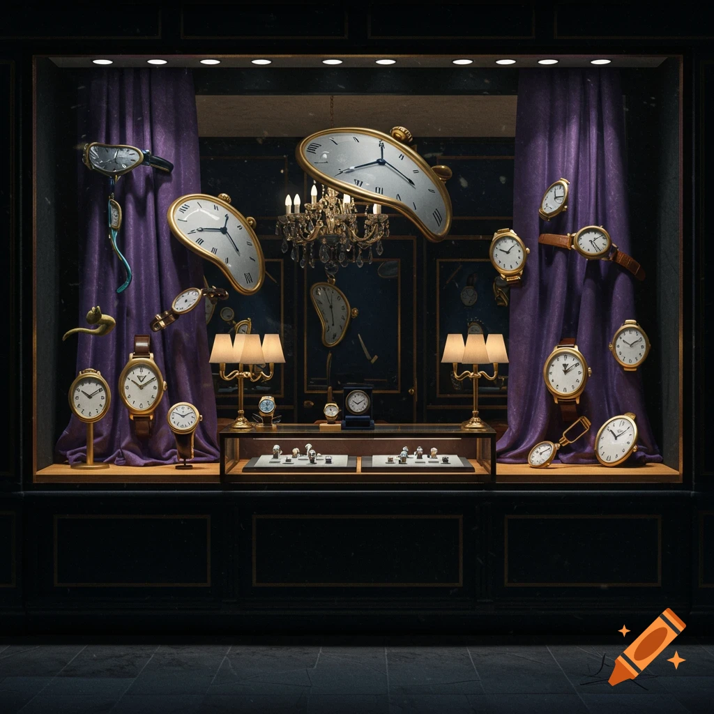 A surreal shopfront display at night, illuminated, featuring luxury watches and clocks, some melting like a Dalí painting.