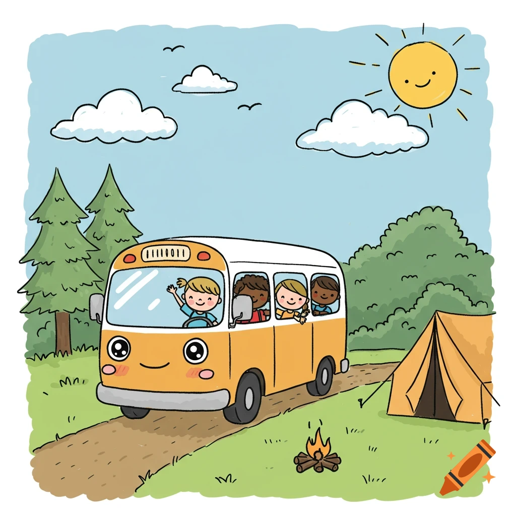 A cute cartoon illustration of a happy yellow and white bus with diverse children inside, driving on a dirt road through a sunny, green campsite with trees, a tent, and a campfire.