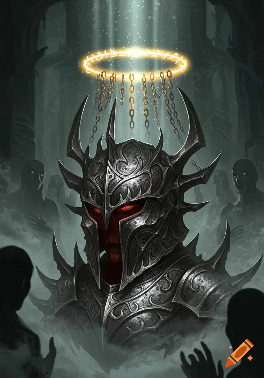 Dark fantasy art of a warrior in ornate black armor with glowing red eyes, a golden halo with chains above its head, amidst misty shadowy figures.