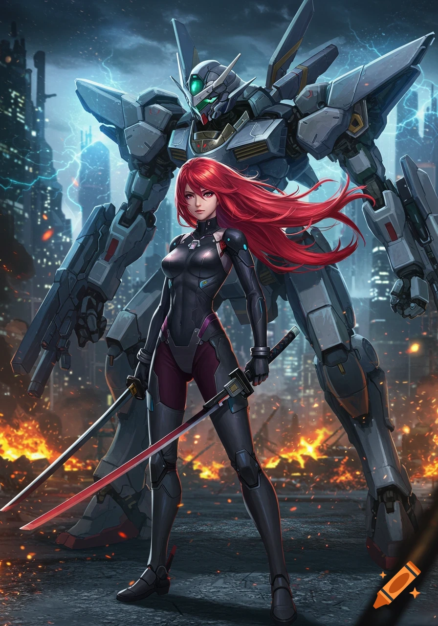 A red-haired woman in a futuristic suit holding katanas stands with a large grey mech in a ruined city with lightning.