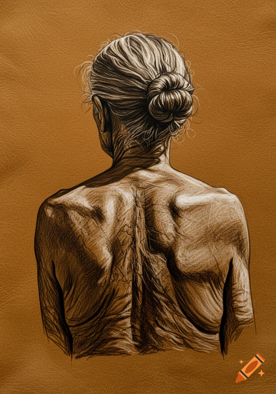 Charcoal drawing of the heavily wrinkled back of an elderly woman with hair in a bun, against a tan leather background.