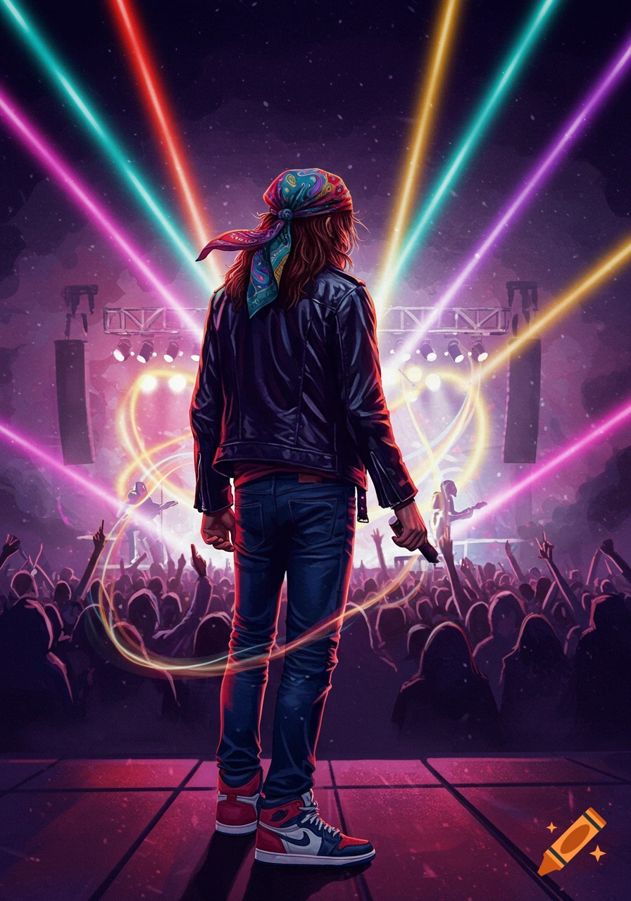 Stylized illustration of a long-haired man in a leather jacket and bandana on stage, facing a cheering crowd under colorful laser lights at a rock concert.
