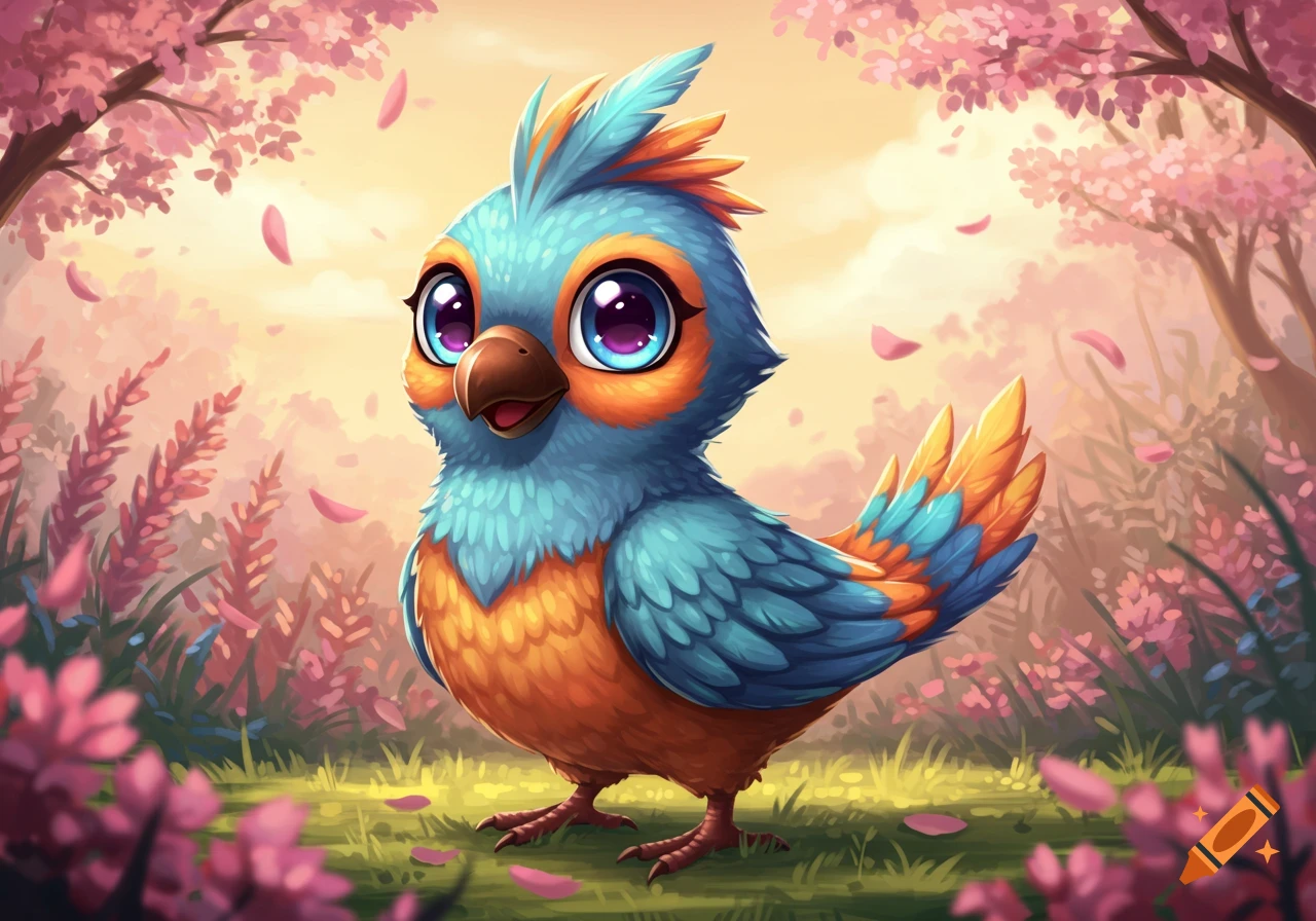 A cute cartoon bird with blue and orange feathers and large purple eyes stands in a lush, pink cherry blossom forest.