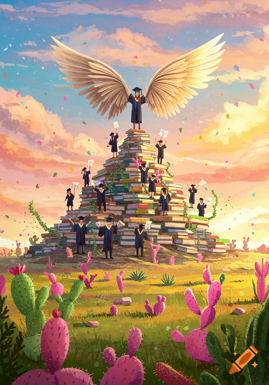 Students in graduation caps and gowns stand on a vibrant mountain of books under a sunset sky, one at the peak with large wings made of book pages, surrounded by confetti and cacti.
