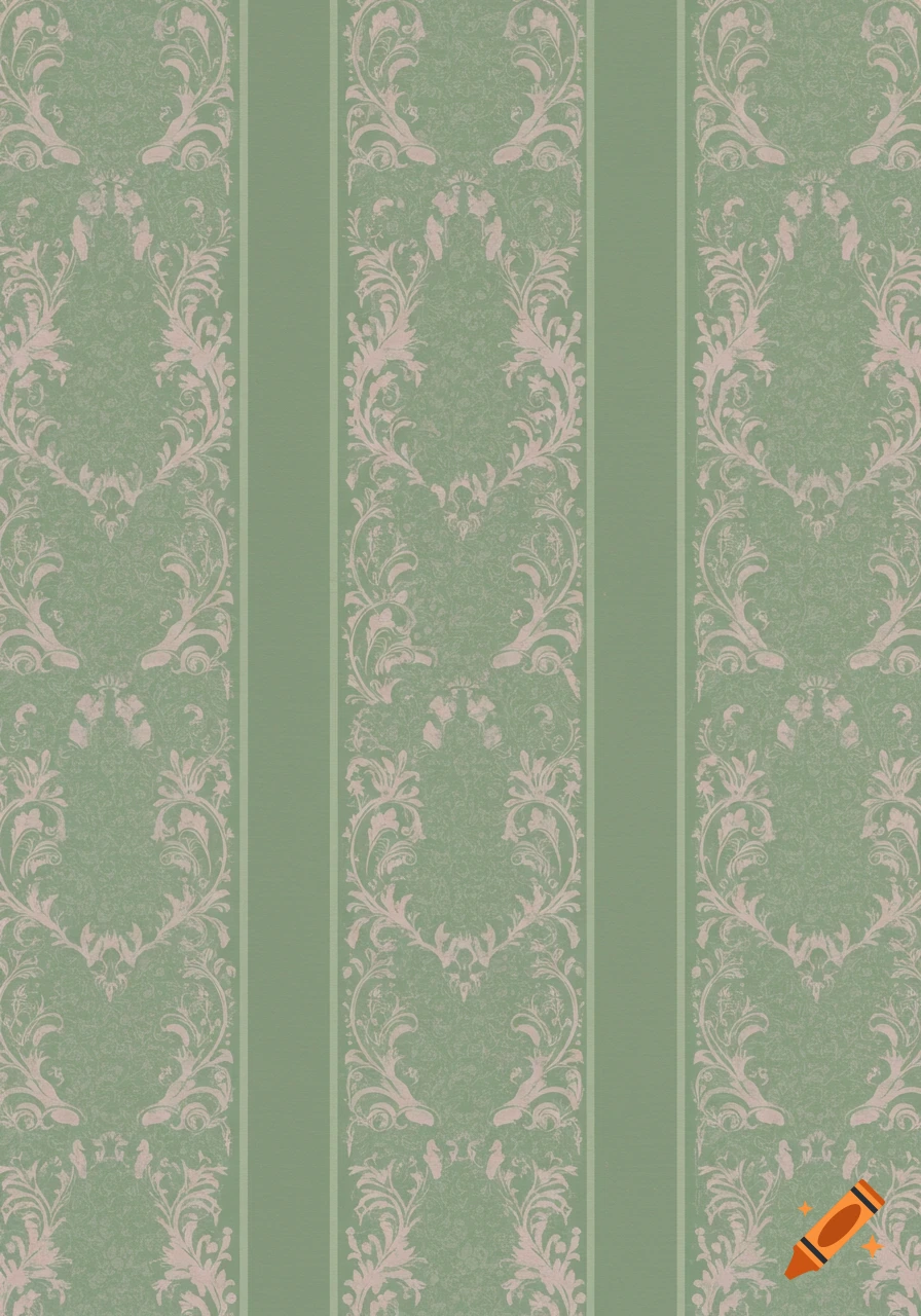 Sage green Victorian wallpaper with vertical stripes and dusty pink floral scrollwork patterns.