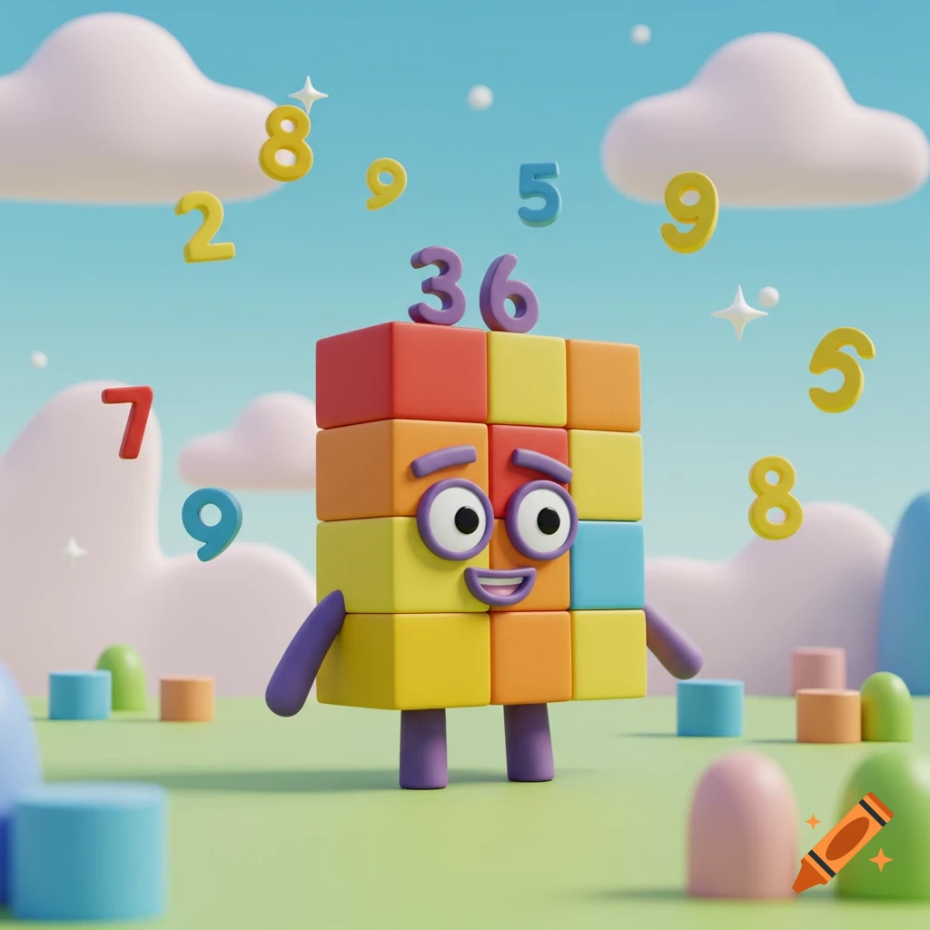 A colorful cartoon character made of blocks, resembling Numberblock 36, stands in a field with floating numbers.