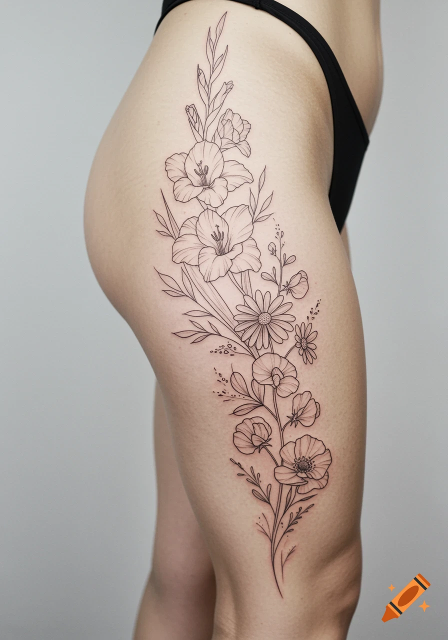 Fine line floral tattoo mockup on a woman's thigh and hip, featuring gladiolus, daisies, sweet peas, and poppy buds.