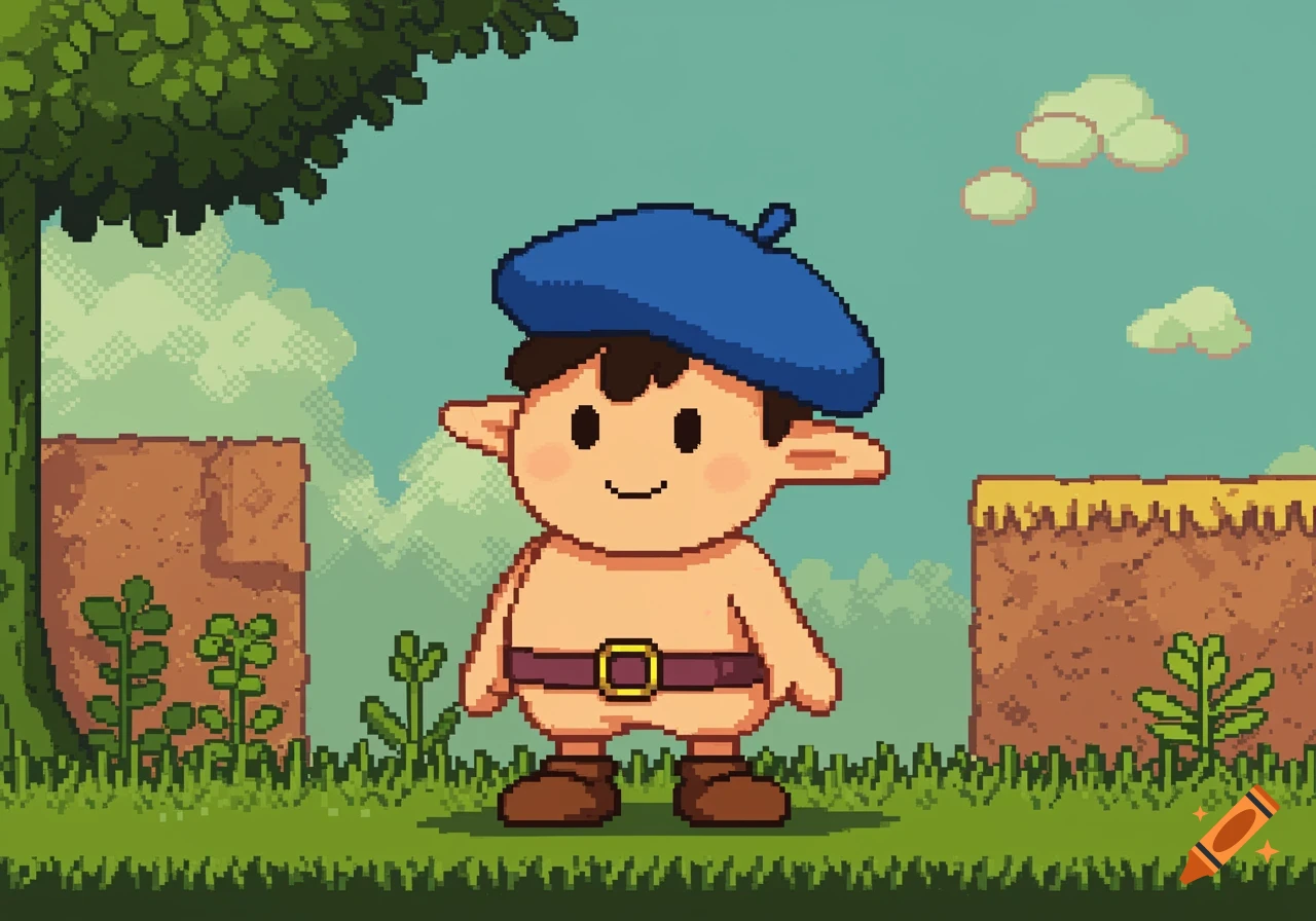 A pixel art character resembling Mr. Saturn from Earthbound, wearing a blue beret, stands in a green pixelated landscape.