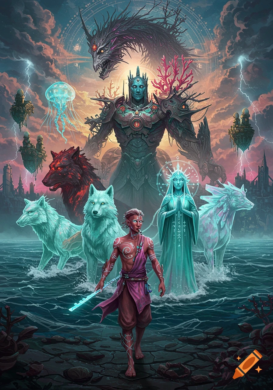 A colorful high-fantasy scene with a red-skinned protagonist in purple robes, standing in water, surrounded by mythical creatures including wolves, a goddess-like figure, a large armored being, and a sea dragon in a stormy sky.