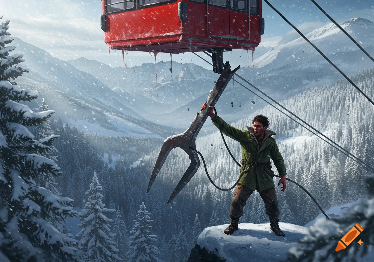 A man in a green coat clings to a broken metal fork from a red cable car, suspended above a snowy mountain forest.