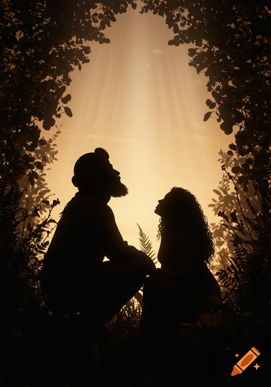 Silhouettes of a man and a woman with curly hair and a beard, crouching in bushes, looking up at light rays at sunset.