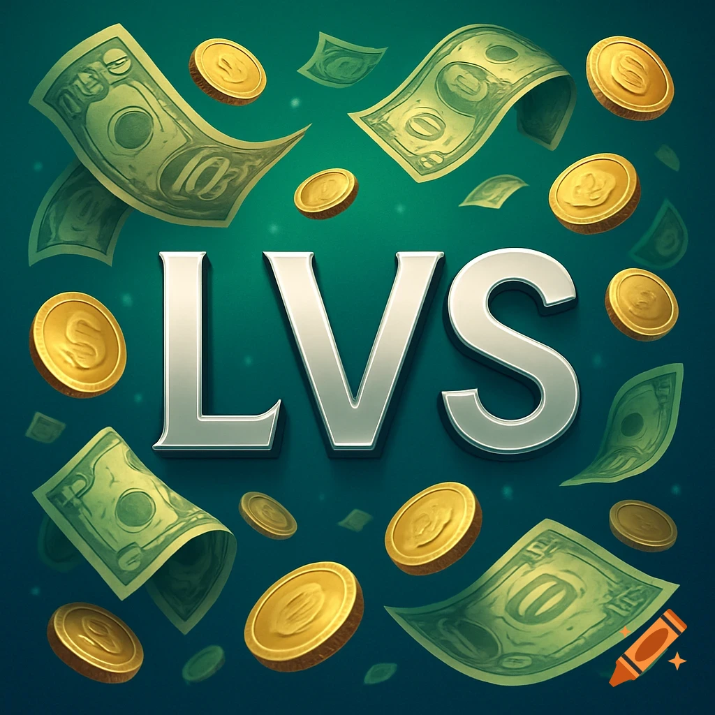 Silver letters 'LVS' surrounded by floating dollar bills and gold coins on a green background.