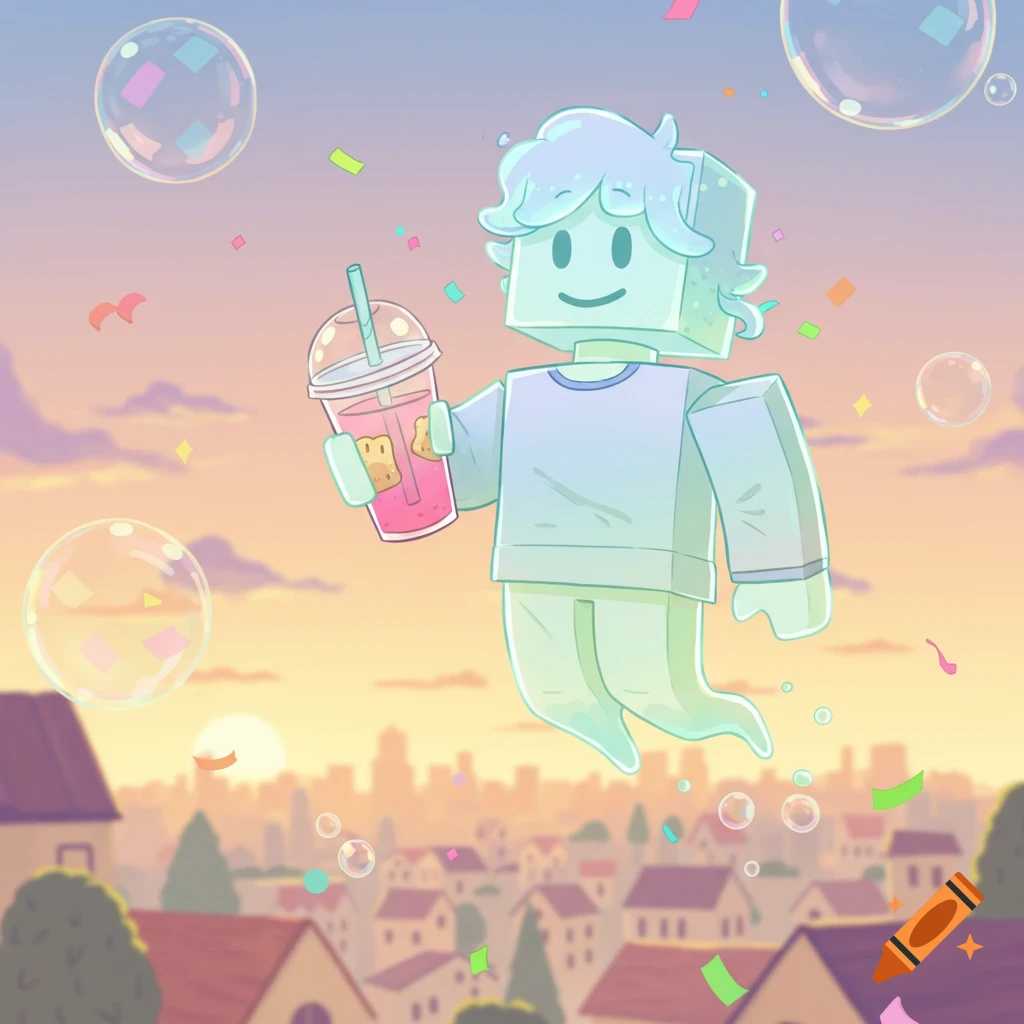 A translucent blocky character resembling a ghost or Roblox avatar floats above a town at sunset, holding a pink drink with cookies inside, surrounded by bubbles and confetti.