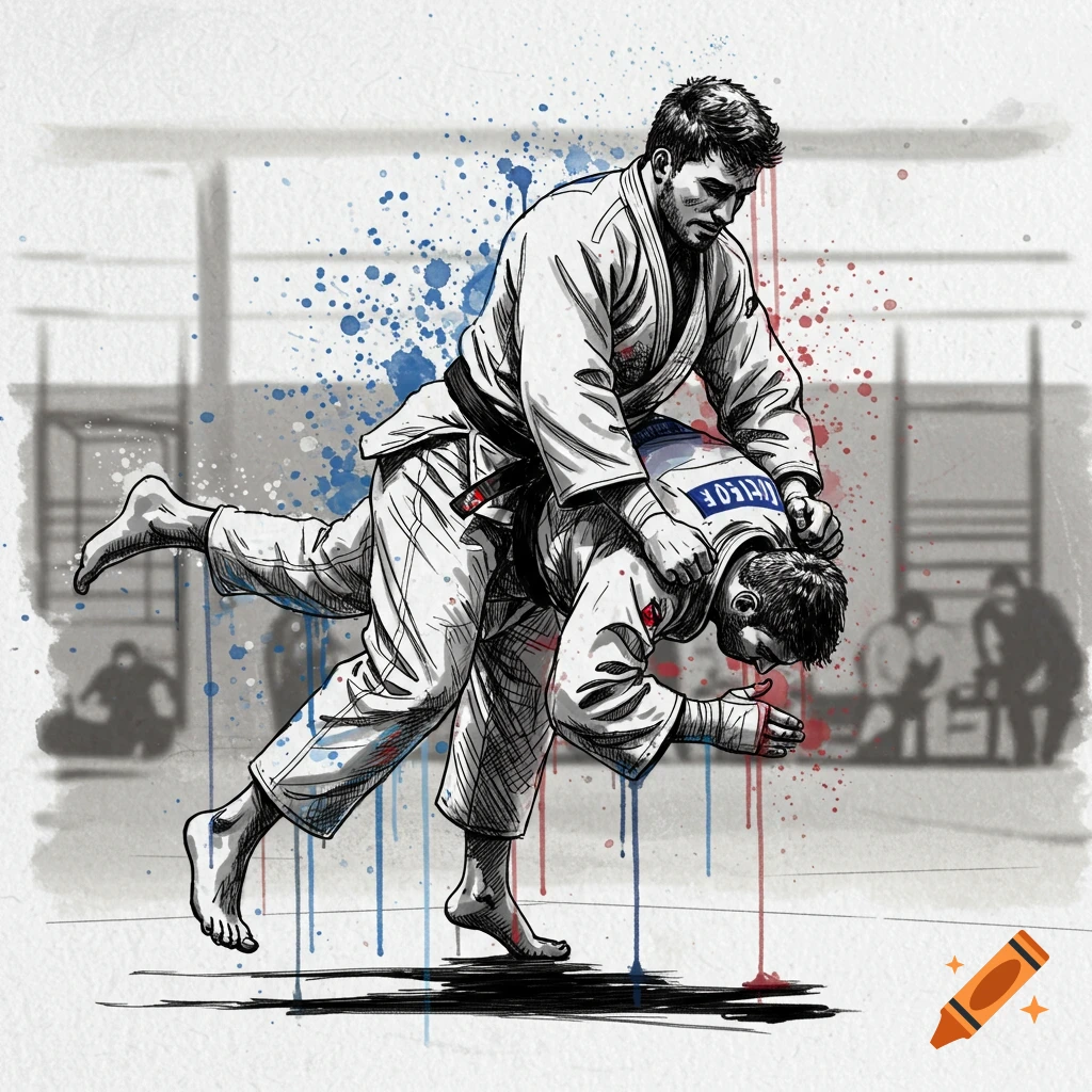 Sketch illustration of two judo athletes in white gis in a dynamic throw, with blue and red paint splatters.