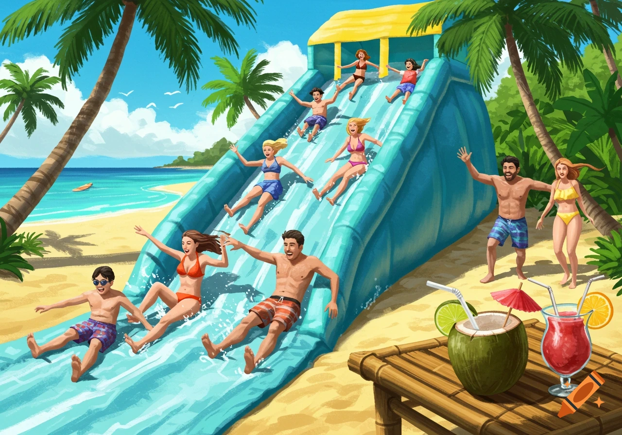A colorful illustration of a large group of people sliding down an inflatable water slide on a tropical beach.
