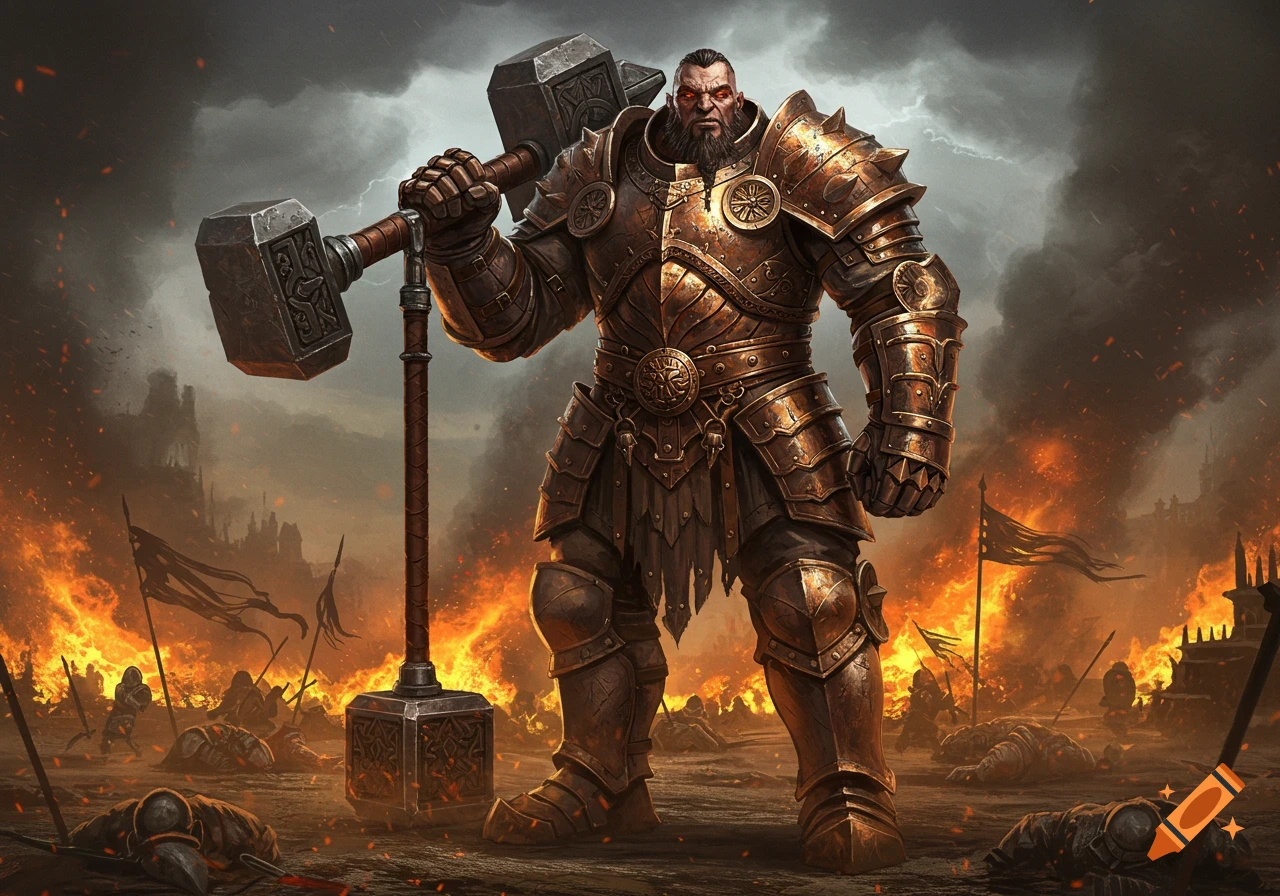 A formidable armored warrior, resembling Goliath, stands with a large hammer on a fiery battlefield amidst fallen soldiers under a stormy sky.