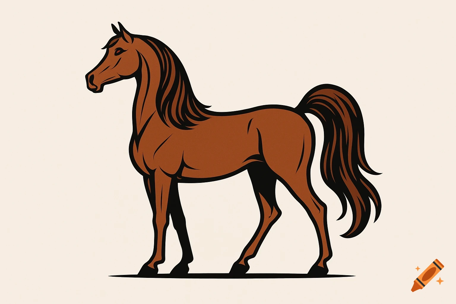A stylized brown Arabian horse logo with a long mane and tail, standing on a light background.